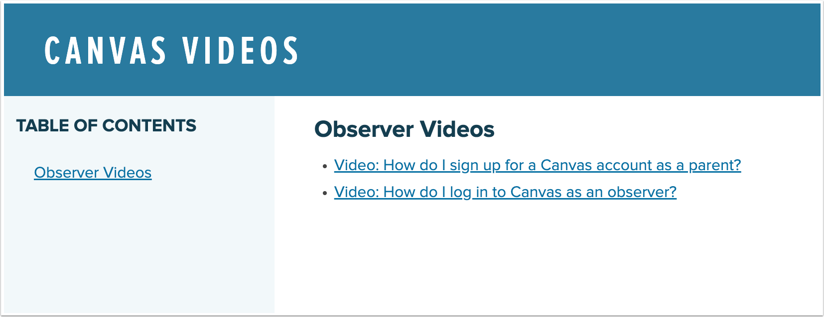 Example Video Table of Contents